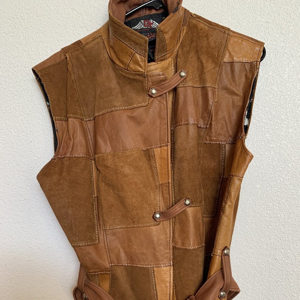 Women's Vintage 90's  motorcycle vest boho leather and suede patchwork Size L